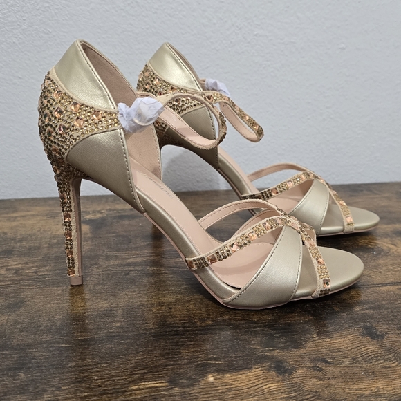 Lauren Lorraine Daisey Gold Rhinestone Embellished Stiletto Heel Sandal 6.5 - Picture 3 of 10